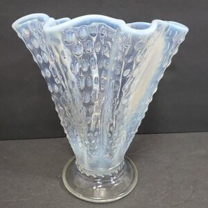 Moonstone Hobnail Vase Home Decor Blue  Opalescent Ruffled Rim Glass 8.5 inch